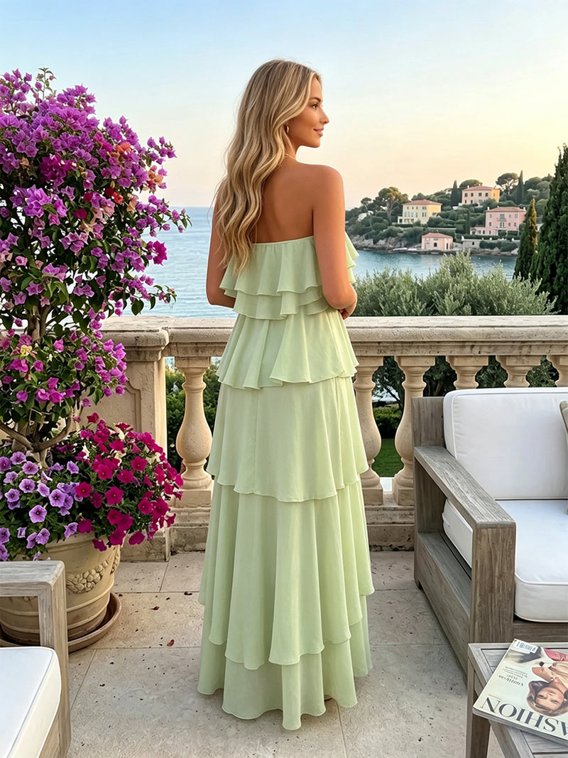 Sage Green Chiffon Cocktail Formal Evening Maxi Gown Strapless Tube Top Multi Tier Ruffle Flowy Floor Length Wedding Guest Dress