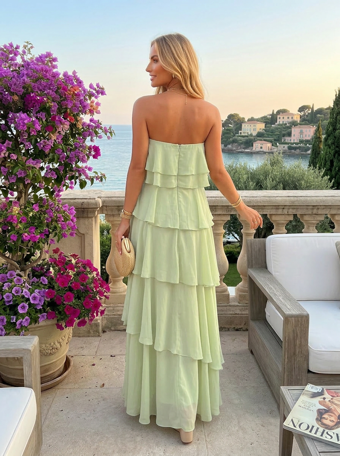 Chiffon Sheath Strapless Ruffles Formal Dresses