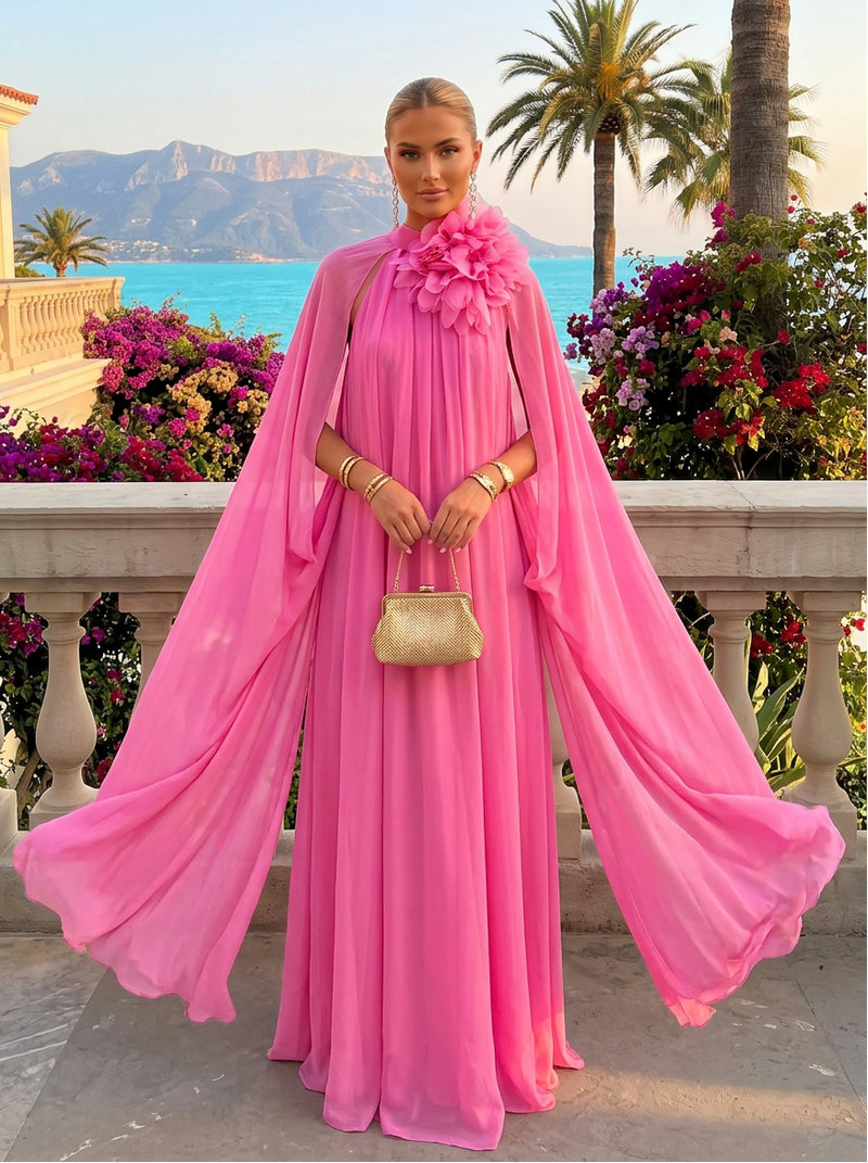 Chiffon Sheath Halter Formal Dresses with Long Caps
