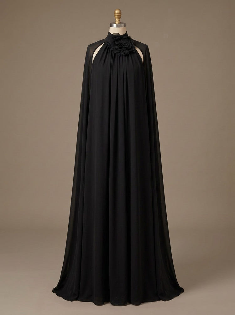 Chiffon A-Line Halter Formal Tent/ Trapeze Dresses with Long Caps