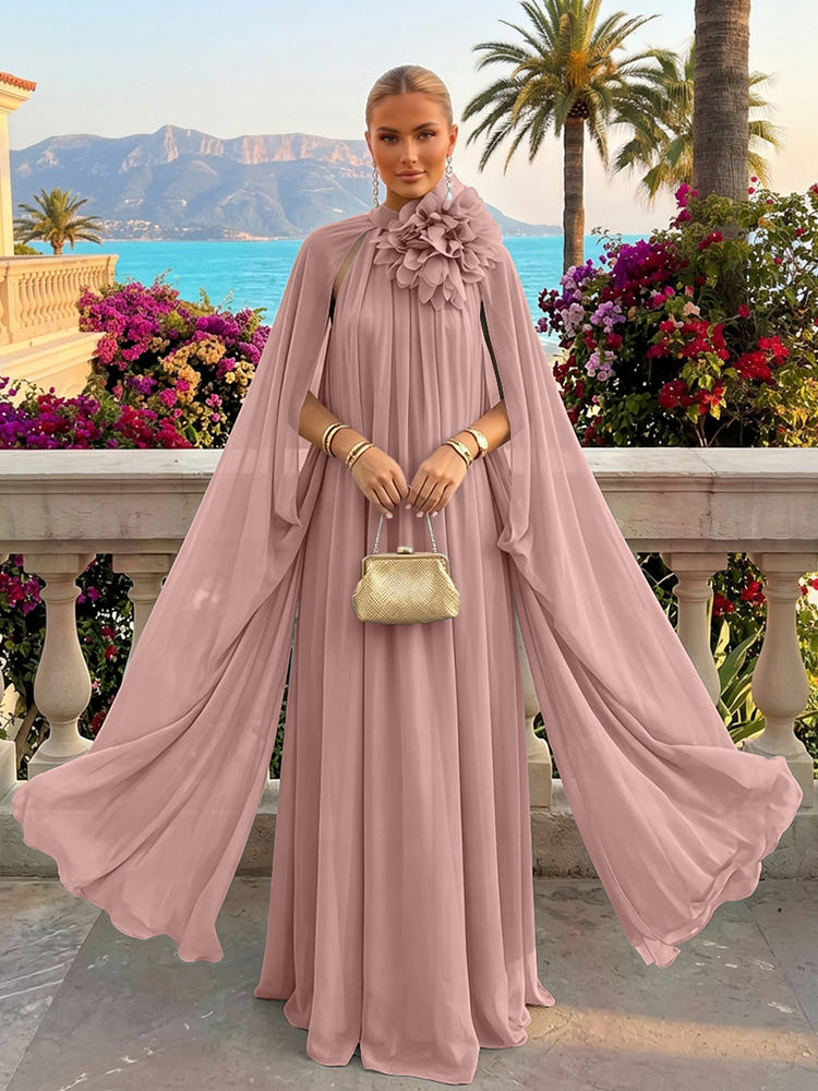Chiffon A-Line Halter Formal Tent/ Trapeze Dresses with Long Caps