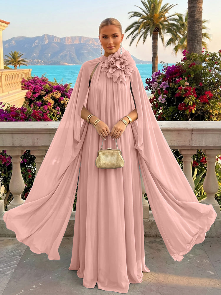 Chiffon A-Line Halter Formal Tent/ Trapeze Dresses with Long Caps