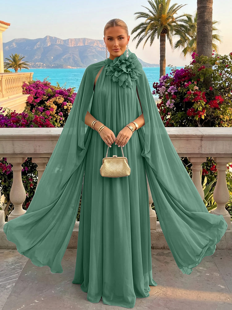 Chiffon A-Line Halter Formal Tent/ Trapeze Dresses with Long Caps