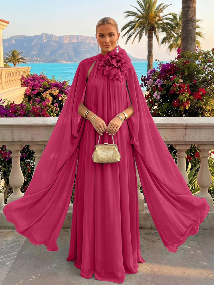 Chiffon A-Line Halter Formal Tent/ Trapeze Dresses with Long Caps