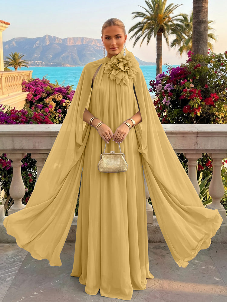 Chiffon A-Line Halter Formal Tent/ Trapeze Dresses with Long Caps