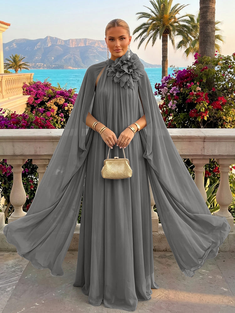 Chiffon A-Line Halter Formal Tent/ Trapeze Dresses with Long Caps