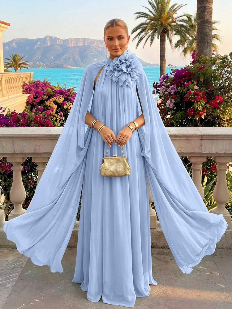 Chiffon A-Line Halter Formal Tent/ Trapeze Dresses with Long Caps