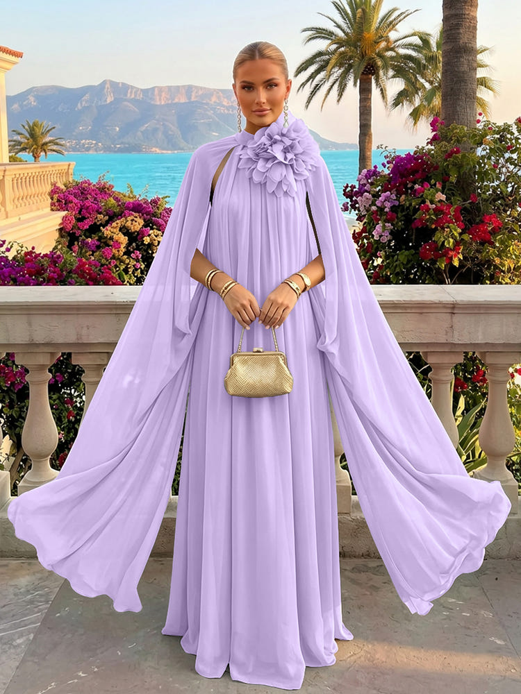Chiffon A-Line Halter Formal Tent/ Trapeze Dresses with Long Caps