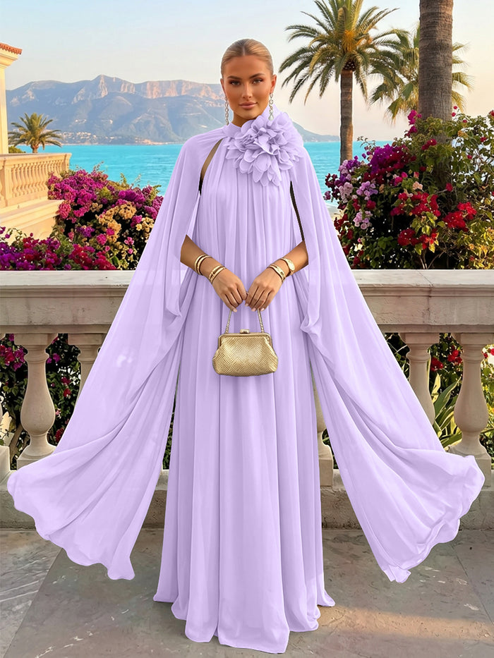 Chiffon A-Line Halter Formal Tent/ Trapeze Dresses with Long Caps