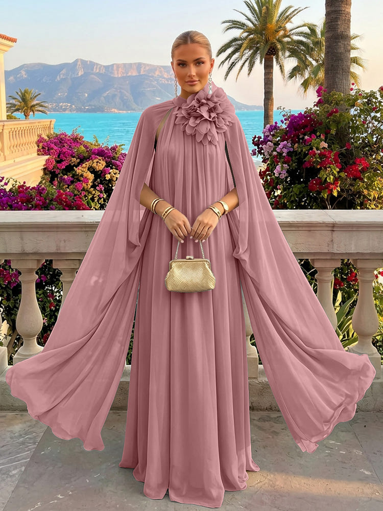 Chiffon A-Line Halter Formal Tent/ Trapeze Dresses with Long Caps