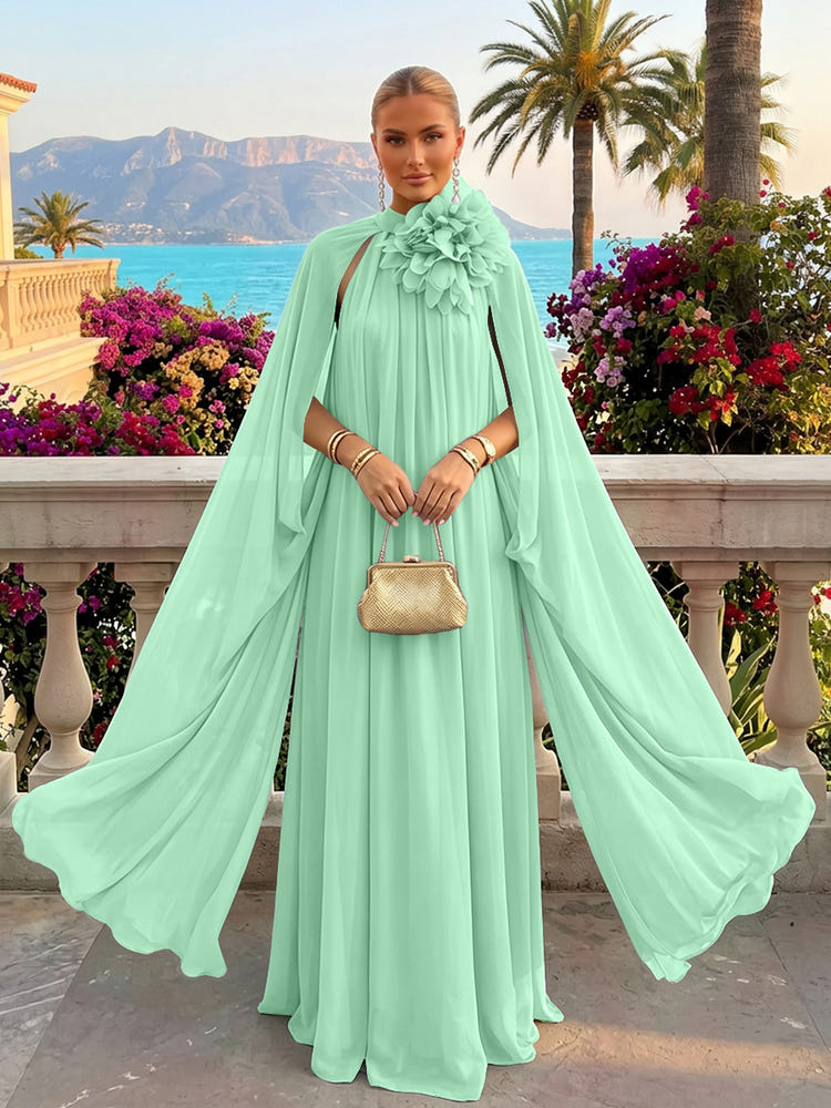 Chiffon A-Line Halter Formal Tent/ Trapeze Dresses with Long Caps