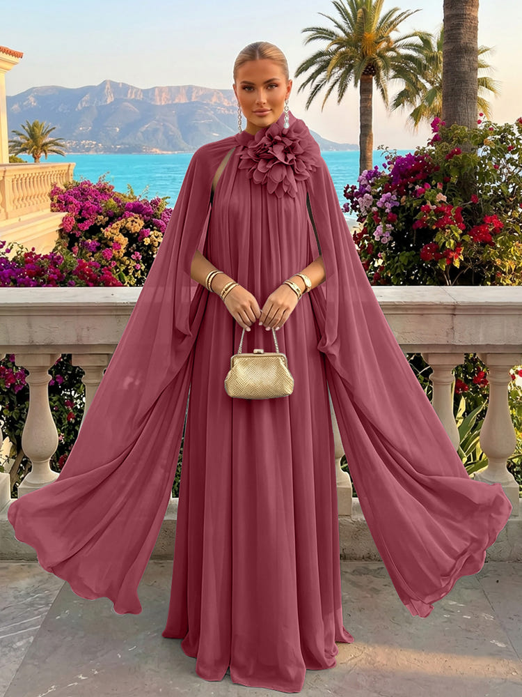 Chiffon A-Line Halter Formal Tent/ Trapeze Dresses with Long Caps