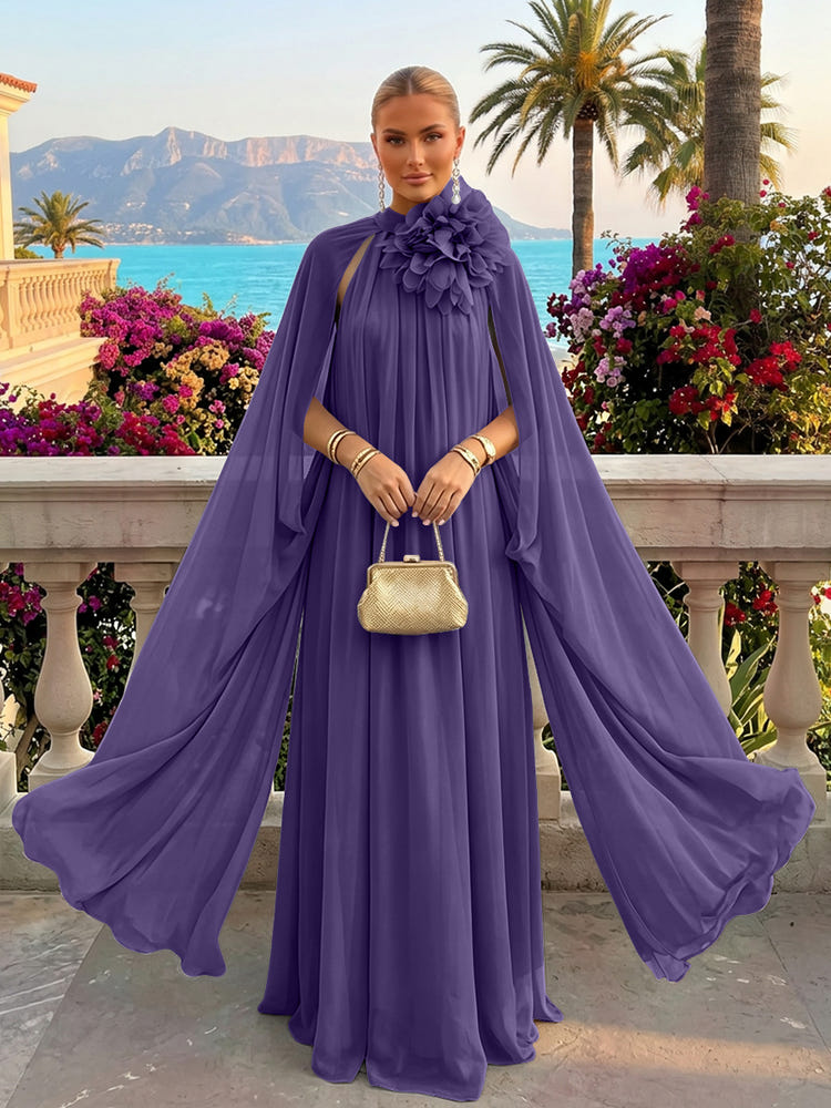 Chiffon A-Line Halter Formal Tent/ Trapeze Dresses with Long Caps