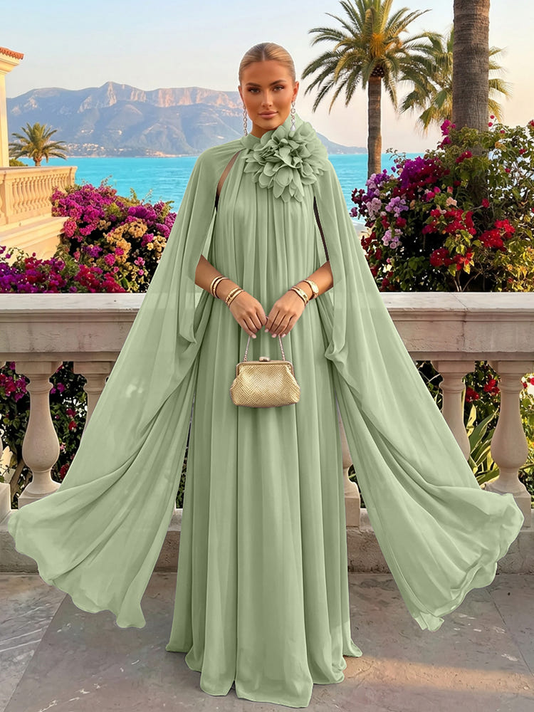 Chiffon A-Line Halter Formal Tent/ Trapeze Dresses with Long Caps