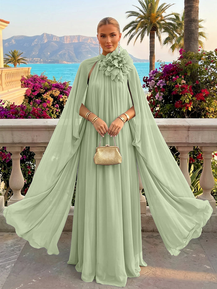 Chiffon A-Line Halter Formal Tent/ Trapeze Dresses with Long Caps