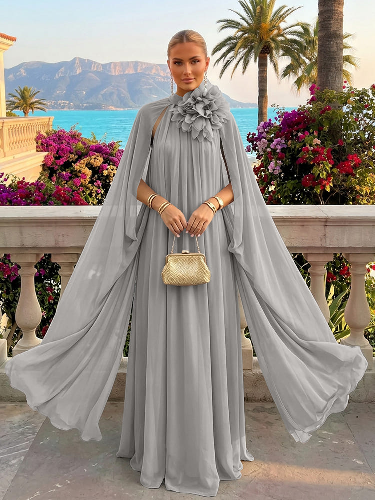 Chiffon A-Line Halter Formal Tent/ Trapeze Dresses with Long Caps