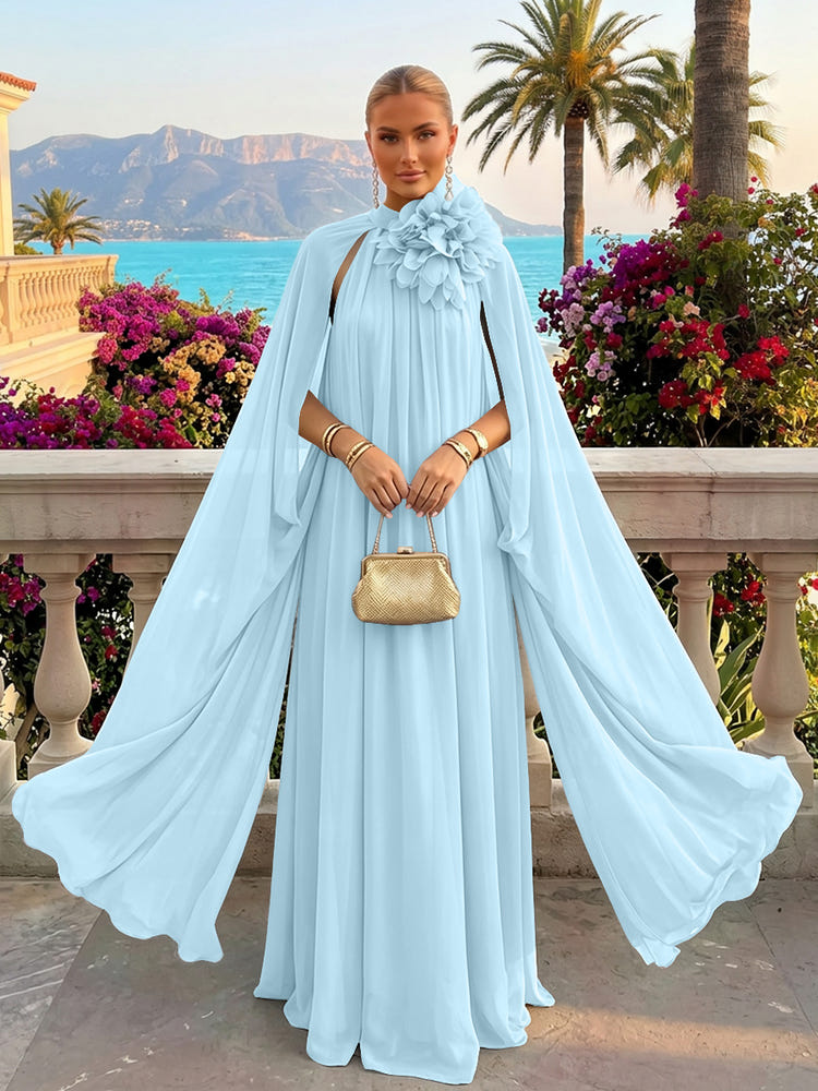 Chiffon A-Line Halter Formal Tent/ Trapeze Dresses with Long Caps