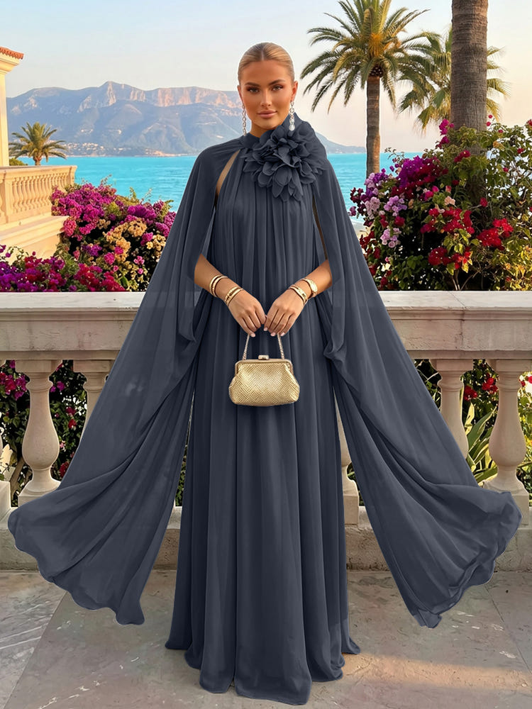 Chiffon A-Line Halter Formal Tent/ Trapeze Dresses with Long Caps