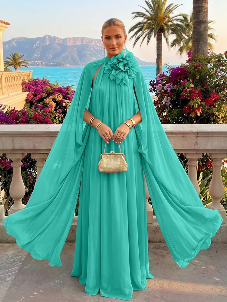 Chiffon A-Line Halter Formal Tent/ Trapeze Dresses with Long Caps