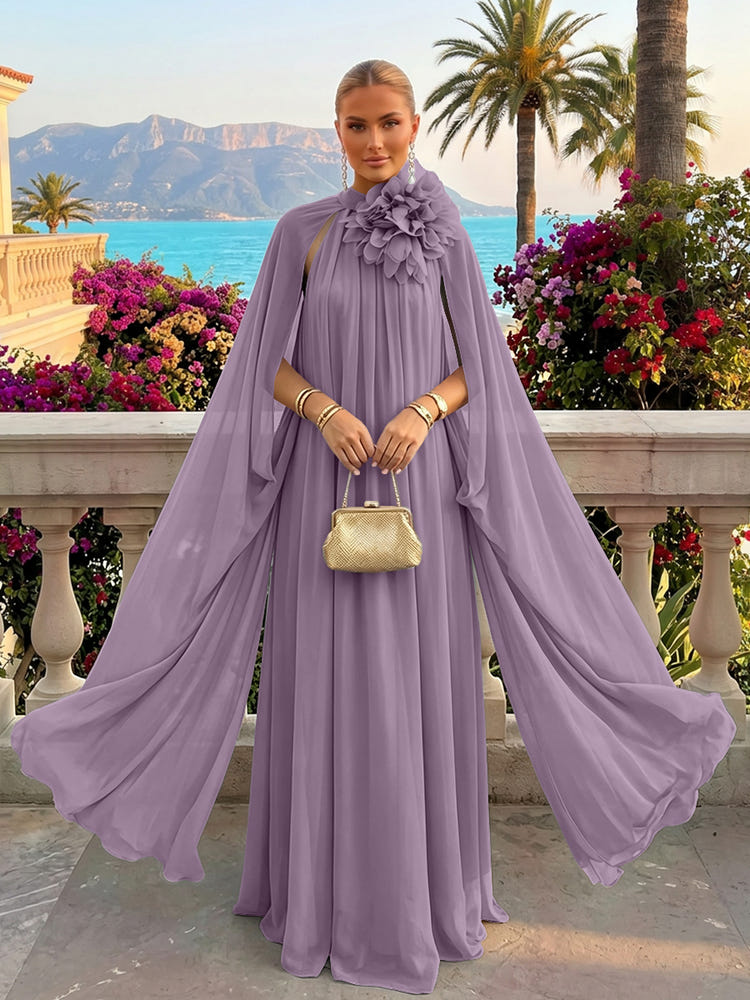 Chiffon A-Line Halter Formal Tent/ Trapeze Dresses with Long Caps