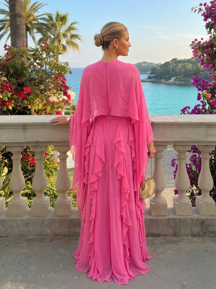 Chiffon Sheath Crew Neck Caps Formal Dresses