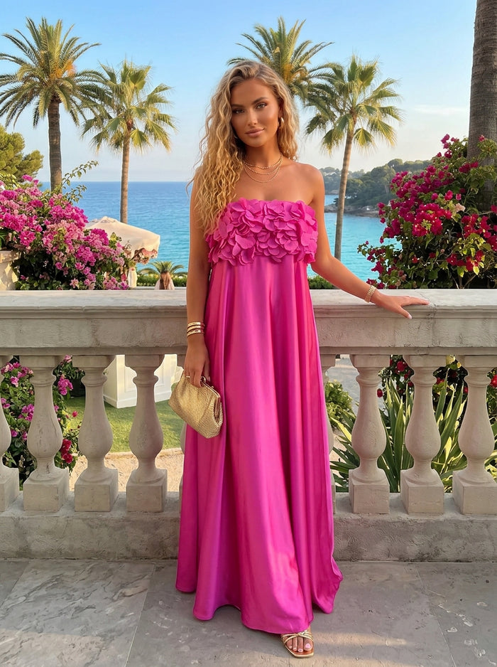 Satin Sheath Strapless 3D Flowers Formal Dresses