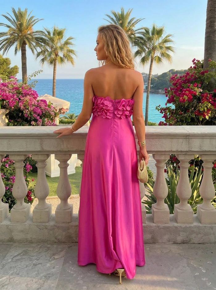 Satin Sheath Strapless 3D Flowers Formal Dresses