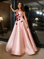 Satin A-Line Strapless Formal Dresses with 3D Flowers