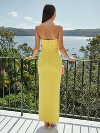 Satin Sheath Strapless Formal Dresses with 3D Flowers