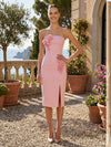 Satin Sheath Strapless Formal Dresses with 3D Flowers