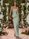 Satin Mermaid Strapless Long Simple Ruched Formal Dresses