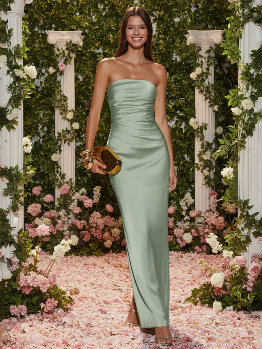 Satin Mermaid Strapless Long Simple Ruched Formal Dresses