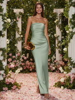 Satin Mermaid Strapless Long Simple Ruched Formal Dresses