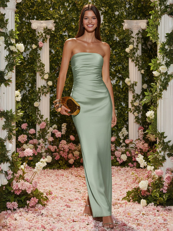 Satin Mermaid Strapless Long Simple Ruched Formal Dresses