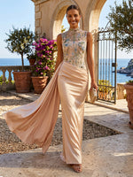 Satin Sheath High Neck Formal Dresses with Floral Embroidery