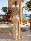Satin Sheath High Neck Formal Dresses with Floral Embroidery
