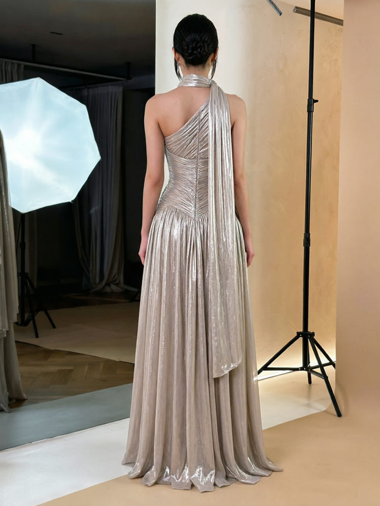 Metallic Satin A-Line One Shoulder Formal Dresses with 3D Flowers