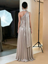 Metallic Satin A-Line One Shoulder Formal Dresses with 3D Flowers