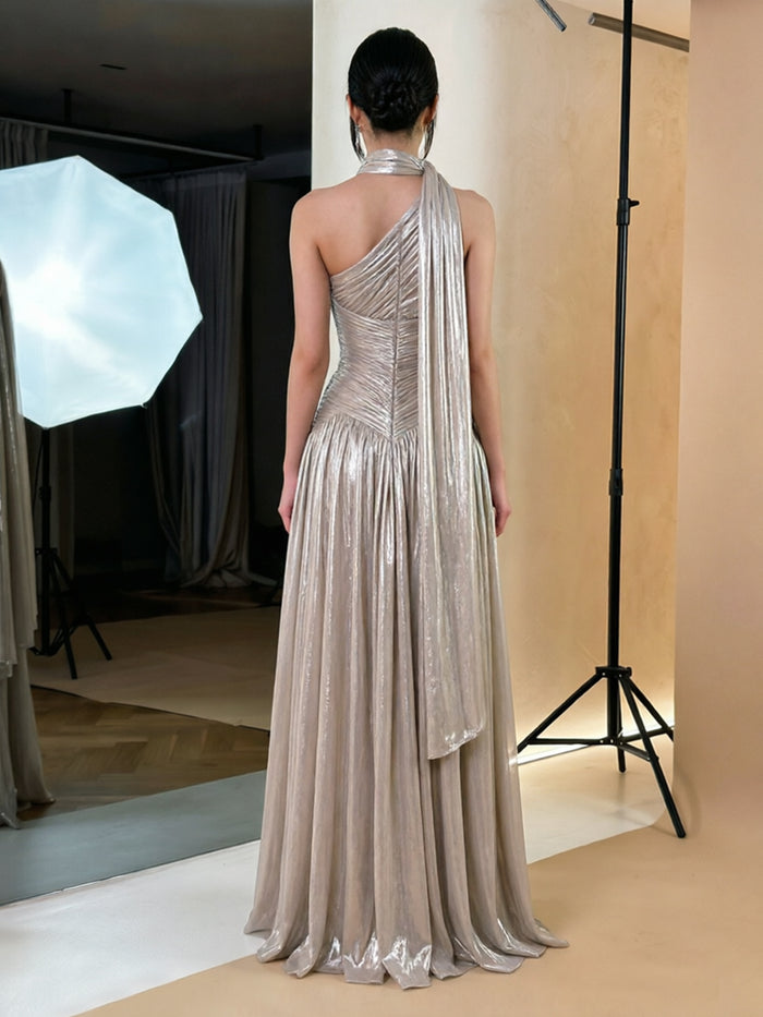 Metallic Satin A-Line One Shoulder Formal Dresses with 3D Flowers