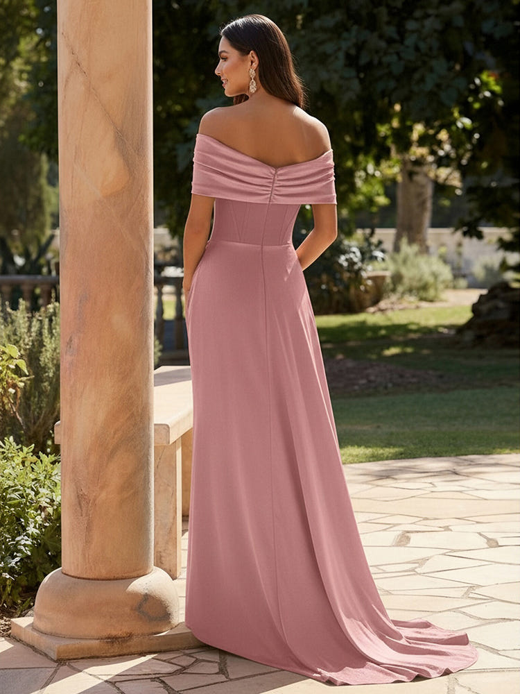 Jersey Mermaid Off the Shoulder Long Elegant Ruched Formal Dresses