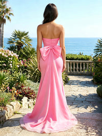 Satin Sheath Strapless Formal Dresses with Bow