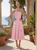Satin A-Line Strapless Formal Dresses with 3D Flowers