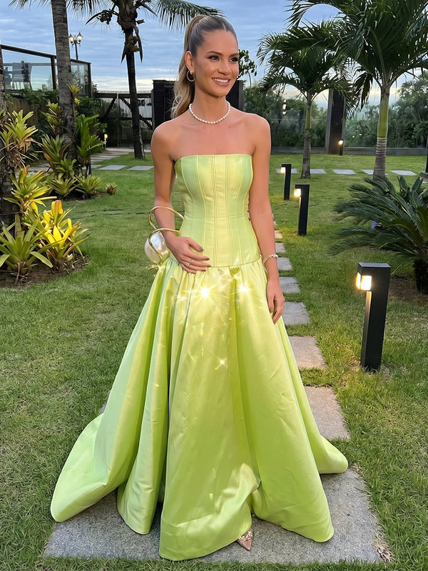 Satin A-Line Strapless Formal Dresses with Pleats