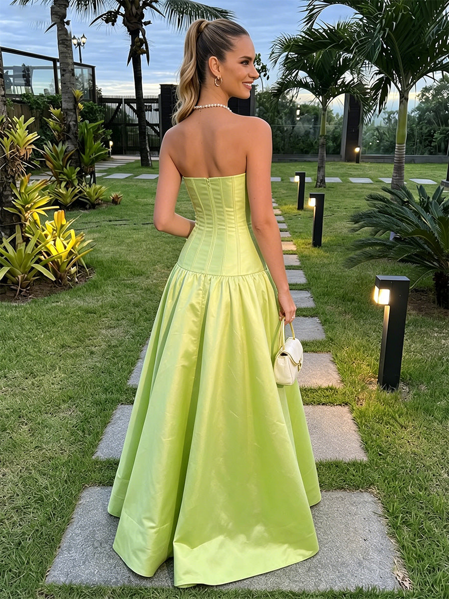 Satin A-Line Strapless Formal Dresses with Pleats