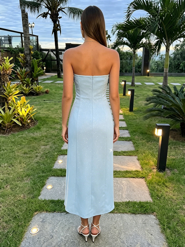 Glitter Satin Mermaid Strapless Formal Dresses with 3D Flowers