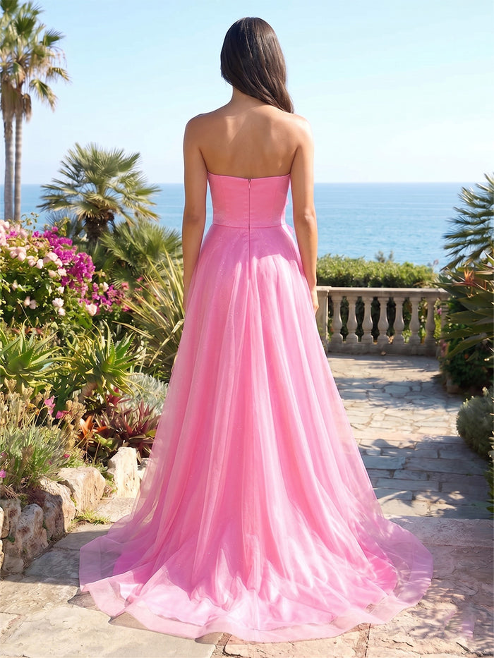 Satin Mermaid Strapless Formal Dresses with 3D Flowers