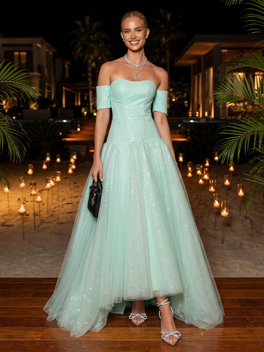 Tulle A-Line Off the Shoulder Formal Dresses with Pleats