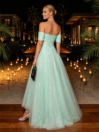 Tulle A-Line Off the Shoulder Formal Dresses with Pleats