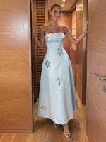 A-Line Satin Strapless Formal Dresses with 3D Flowers