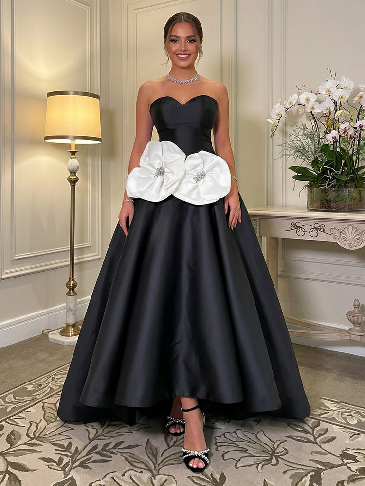 Satin A-Line Sweetheart Formal Dresses with 3D Flowers